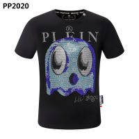 คุณภาพสูงผู้ชาย Philipp Plein เสื้อคอตตอนแขนสั้นผ้าคอตตอนพิมพ์ลายพิมพ์หัวกะโหลกลายกระดูกเพชรเสื้อยืด PP สุดเท่