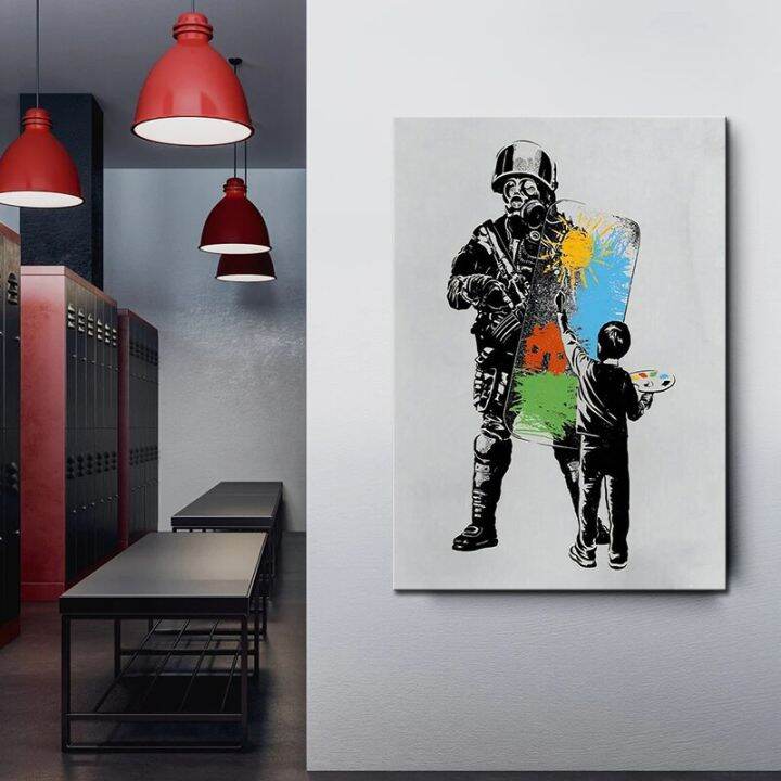 banksy-wall-art-ตำรวจและเด็กภาพวาดผ้าใบ-graffiti-โปสเตอร์และพิมพ์-street-art-pop-โปสเตอร์รูปภาพสำหรับ-home-room-decor