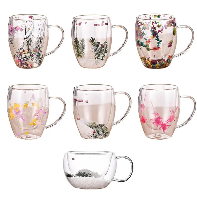 Creative Double Wall Glass with Dry Flower Mug Cup Double Layer