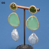 GG Jewelry Natural Cultured White Keshi Pearl Green Crystal Stud Cz Pave Hook Dangle Earrings For Women