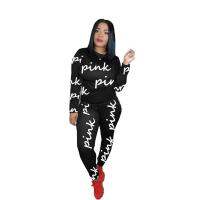 Women O Neck 2 Pieces Clothes Set Long Sleeve Pink Letter Tracksuit Sporty Matching Suit