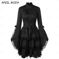 New Vintage Elegant Lace Up Goth Retro Party Dresses Women Gothic Punk Dress Long Flare Sleeve Sexy Black Mesh Sawing Dress