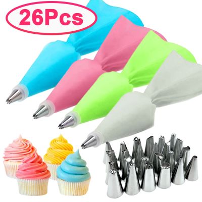 【CC】✤❇❒  8/26Pcs/Set Silicone Pastry Tips Icing Piping Decorating Tools Reusable Bags 24 Nozzle Set