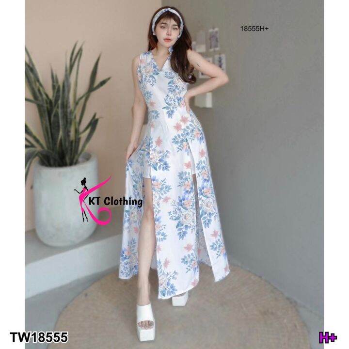 tw18555-jumpsuit-พิมพ์ลายดอกไม้-คลุมกระโปรงเหมือนเดรส-ผ่าหน้า-สายผูก