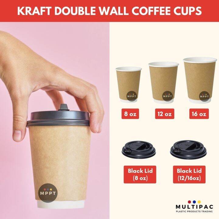 [50 PCS] Kraft Double Wall Coffee Paper Cups (8 oz 12 oz 16 oz Black Lids) Lazada PH