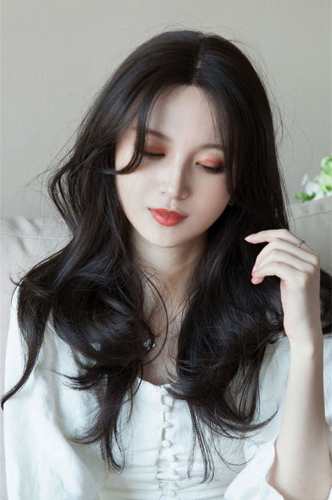 as-long-synthetic-curly-wigs-with-center-bangs-natural-curly-dark-brown-wigs-for-women-cosplay-wigs-วิกผมไฟเบอร์ทนความร้อน