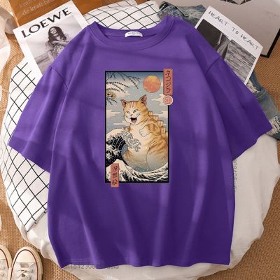 เสื้อยืดกราฟิกแมวขนาดใหญ่แนวสตรีทแฟชั่นญี่ปุ่นสำหรับผู้ชาย