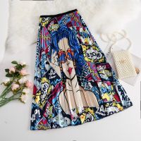 ∈ 2023 Summer Women Vintage Stripe Floral Print High Waist Mid-calf Length Cartoon Pleated Skirts Active Wear Fashion Party Skirts