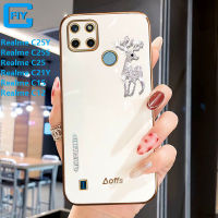 สำหรับ Realme C25Y / Realme C25S / Realme C25 / Realme C21Y / Realme C15 / Realme C12 Luxury 6D เพชร Glitter Elk Deer เคสโทรศัพท์สีชุบ Glossy กระจกพื้นผิว Soft TPU ปกหลัง