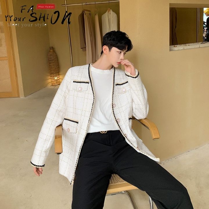 hnf531-ชายเกาหลีหลวมทอผ้าเสื้อเบลเซอร์ลายสก็อตชายเสื้อ-terno-masculino-streetwear-vintage-แฟชั่นเสื้อสูทลำลอง-outerwear-ชาย