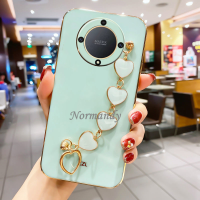 เคสนิ่มสไตล์ผู้หญิงสำหรับ HONORX9b 5G Honor X9b X6a X5 Plus 4G 5G 5G เคสสีเรียบง่ายชุบเคสโทรศัพท์ปิดขอบตรงพร้อมสร้อยข้อมือรูปหัวใจแฟชั่นกันกระแทกฝาหลัง