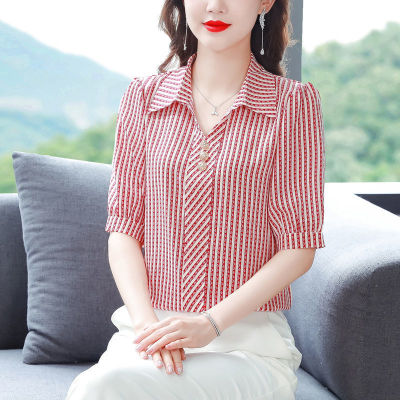Short-sleeved Chiffon Blouse Womens Clothing Large Size Striped Top Fashion Style Office Lady V-neck Korean Shirt Top