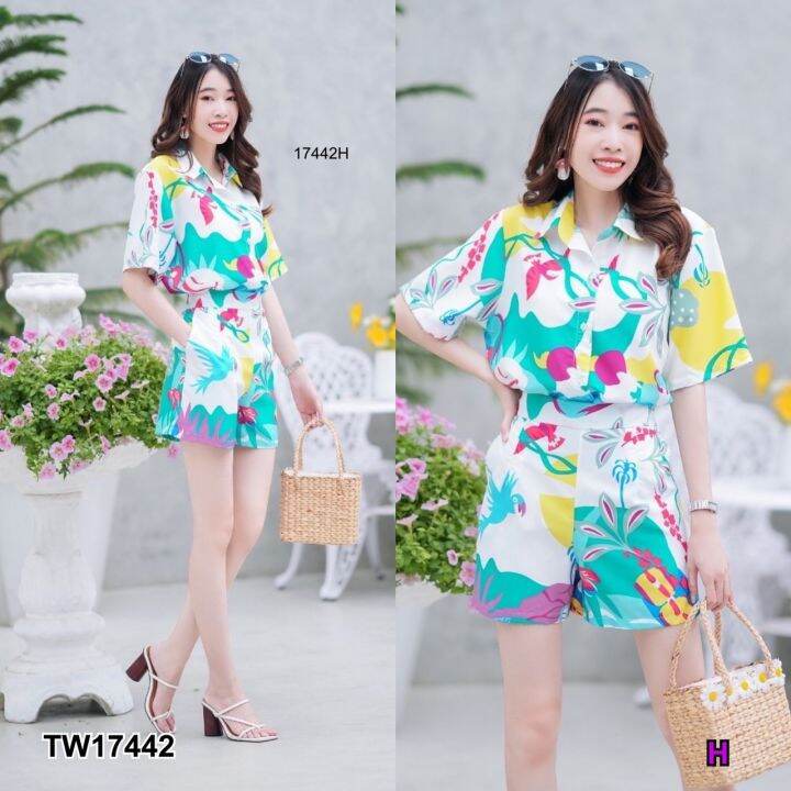 tw17442-set-2-ชิ้น-เสื้อเชิ้ตแขนสั้นพิมลาย-กางเกงขาสั้น