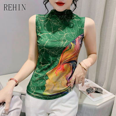 REHIN เสื้อพิมพ์ลายแฟชั่นสำหรับผู้หญิงเสื้อยืดแขนกุดครึ่งคอสูงเข้ารูปพอดีเสื้อกล้ามบาง