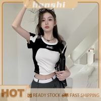 hanshi [2023 new HOT FASHION] lazlook เสื้อเอวลอยลำลองมีสายคาดสำหรับผู้หญิงเสื้อวินเทจแบบเกาหลีแขนสั้น