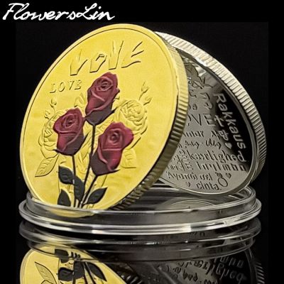 Flowerslin Red Roses Commemorative Coin 52 Languages Means I Love You Valentines Day Confession Gift Lover Anniversary Souvenir