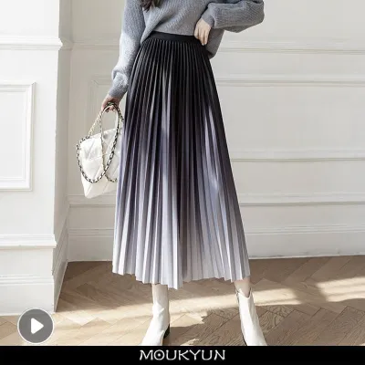 【CC】 MOUKYUN Gradient Pleats Skirts Elastic Waist Womens Pleated Skirt Korean Fashion Loose Mid-Calf
