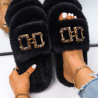 Slippers Women Fluffy Flip Flops Square Rhinestone Buckle Faux Fur Slides Home Cozy Slippers Luxury Designer Sandals Fuzzy Shoes