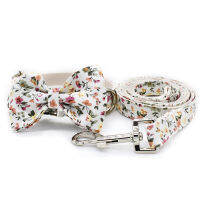 White Flower Dog Collar And Leash Set With Bow Tie Personal Custom Adjustable Puppy 100 Cotton Dog Party Gift