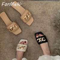 Hot sell Summer Women Slippers Outdoor Ins Fashion Flip Flops Metal Chains Flat Heel Slipper