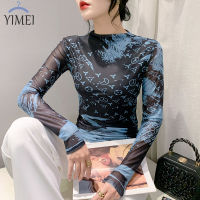 YIMEI เสื้อซับในตาข่ายเสื้อยืดพิมพ์ลายแฟชั่นของผู้หญิง2023ครึ่งคอสูงเสื้อซับในแขนยาวแบบพอดีตัว