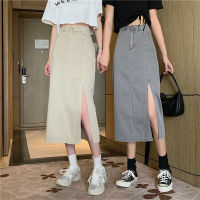 Spring Autumn 2021 New Denim Sheath Wrap Skirts Single-Breasted High Waist Pencil Midi Skirt Front Split Skirts For Womens