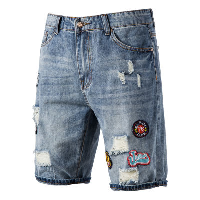 AIOPESON กางเกงยีนส์มีรูประกบ,กางเกงยีนส์เพนเทค Lelaki Kasual Streetwear กางเกงยีนส์สีน้ำเงินขาสั้นเอวต่ำปานกลางผ้าคอตตอนสำหรับ Lelaki Lelaki