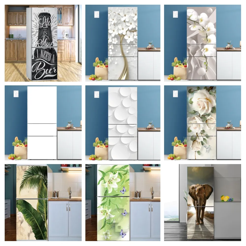 Self-adhesive Sticker On The Fridge Door Cover Decorative Film Kitchen Refrigerator  Wallpaper White Flower Decal Green Full Wrap | Lazada