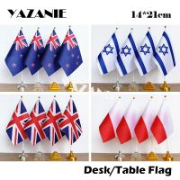 YAZANIE 14x21cm 4PCS New Zealand Israel Desk Flags and Banners United Kingdom Poland Small National Table Flag with Base Stand