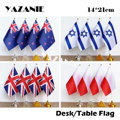 YAZANIE 14x21cm 4PCS New Zealand Israel Desk Flags and Banners United Kingdom Poland Small National Table Flag with Base Stand