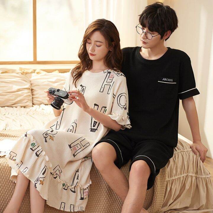 2023-new-fashion-waffle-cotton-sleepwear-for-couples-summer-short-mens-pajamas-set-womens-sleeping-dress-female-male-pjs