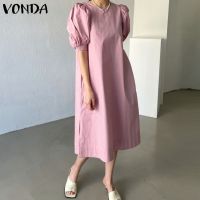 ☄☌☃ VONDA Women Korean Round Neck Puff Sleeve Short Sleeve Plain Elastic Cuff Back Zipper Long Dress