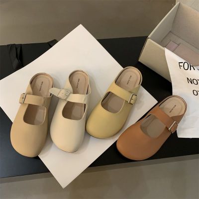 Closed Toe Half Slippers Womens Summer 2023 New Fairy Style Soft Leather Soft Bottom Lazy Large Size Shoes Flat Mules