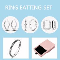 5pcs/lot Square Shape Zircon Hoop Earrings Original 925 Silver Retro Pattern Ring Jewelry Set With Pink Gift Box For Women