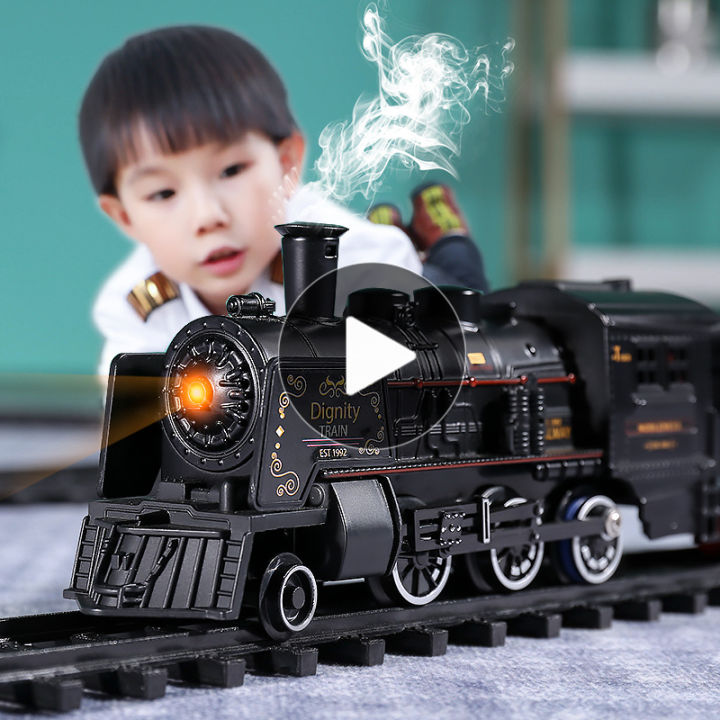 ที่จอดรถรถไฟความเร็วสูงจำลองสำหรับเด็กชุดรถไฟไฟฟ้าแทร็กแบบจำลองไอน้ำของเล่นเด็กเร่เข้ามาซื้อโทมัส