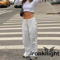 HOT ”Ironknight-Y2K Harajuku ผู้หญิงสีทึบเอวยางยืด Tie-Up กระเป๋าด้านข้างหลวม Fit กางเกง