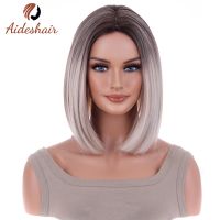 Aideshair Short Straight Bob Wigs With Bang Golden Brown Natural Synthetic Hair For Women Daily Cosplay Heat Resistant Fiber Wig