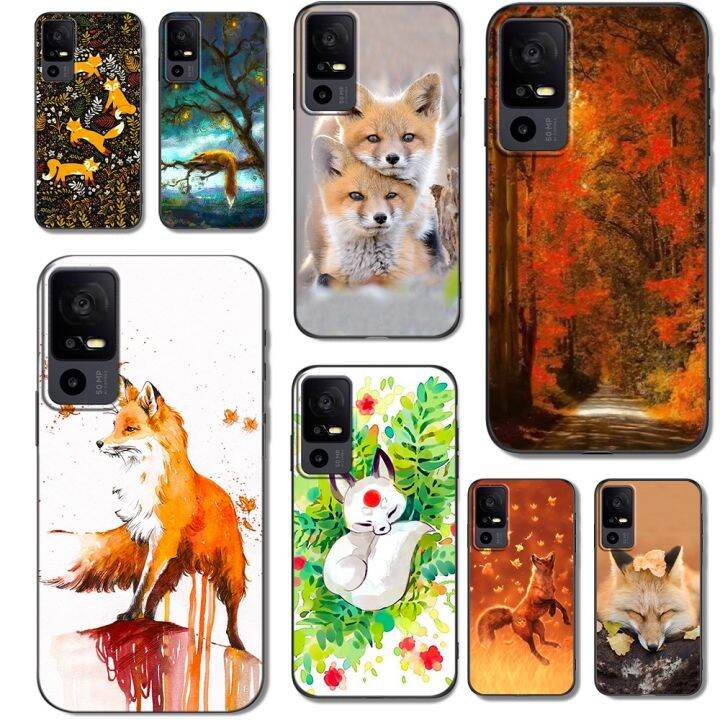 cute-case-for-tcl-40r-5g-case-back-phone-cover-protective-soft-silicone-black-tpu-fox-autumn-leaves