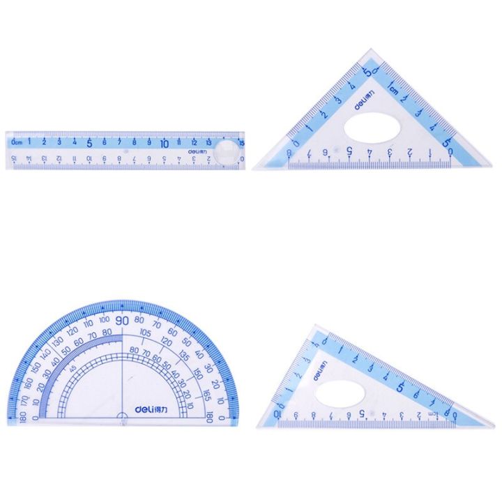 4pcs-set-of-deli-71953-blue-multiftional-drawing-combination-ruler-triangle-protractor-student-office-supplies