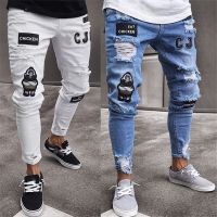 ✥♝☎ Mens Pants Jeans Men Ripped Patched Badge Painted Jeans Straight Slim Fit Hip Hop Casual Denim Jean For Man Holes Boys