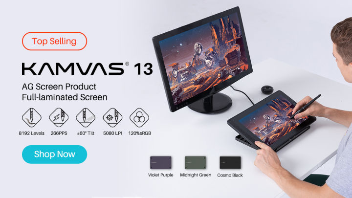 Full-　Graphics　2-in-1　and　Pen　with　Tilt　Huion　Stand　Laminated,　Battery-Free　Shortcut　Function　8192　Screen　Pressure　Kamvas　Included,　Tablet　13　Drawing　Keys,　Display　Pen　Purple