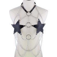 Womens Rave Halter Body Harness Faux Leather Five-Pointed Star Chest Gothic Punk Metal Chain Belt Top Festival Costume Clubwear