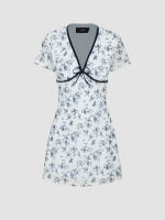 Cider Cider V-neck Floral Short Dress เดรสแขนสั้นผู้หญิง เดรสแฟชั่นผญ ลายดอกไม้ สไตล์เกาหลี