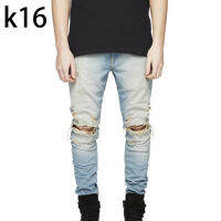 ฟรีดัน®แฟชั่นผู้ชายฉีกทำลายกางเกงยีนส์เนื้อบาง Skinny กางเกง Denim ขาดยาวกางเกง