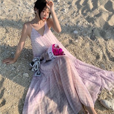 The seaside resort beach dress sexy backless wind lilac posed dust chiffon dress