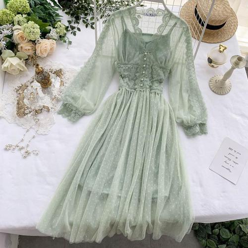 2021Women Mesh Lace Crochet Dresses V-neck Elegant Prom Puff Sleeves Dress Women Summer Dot Prom Party Sexy Slim Swing Long Dress