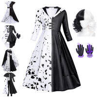 Jurebecia Girls Villains Cruella Deville Dress Up เครื่องแต่งกายเด็กภาพยนตร์ฮาโลวีนคอสเพลย์ชุดถุงมือวิกผม...