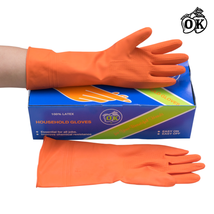 ถุงมือยางตรา-โอ-เค-o-k-rubber-gloves-ถุงมือแม่บ้านสีส้มเบอร์-8-5-household-gloves-ถุงมืออุตสาหกรรม-ผลิตจากยางธรรมชาติ-100-12คู่