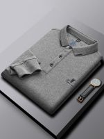 Mens T-shirt Polo shirt autumn and winter white long-sleeved large size embroidered light luxury peak collar business versatile Hong Kong style bottoming shirt i 【SSY】