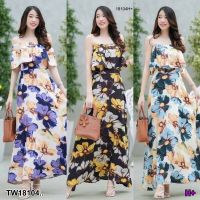 0018104 Maxi dress ปาดไหล่ลายดอกใหญ่สีสวย แต่งระบายรอบไหล่ มีสม๊อครอบช่วงอก มีซิปซ่อนด้านหลัง มีซัปใน จะใส่หลายแบบ"